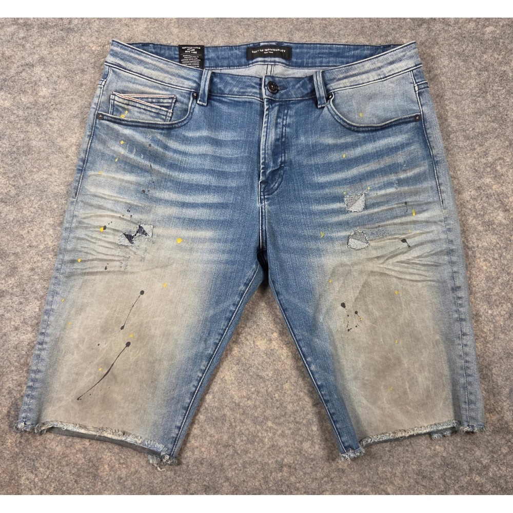 Cult of Individuality Rocker Short Mens 36 Blue Distressed Paint Splatter Denim